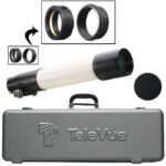 TeleVue Apochromatic Refractor AP 101/540 NP-101is Imaging System OTA white optical tube with black dew shield and focuser, pictured with transport case, dust cap, and detail of adapter rings