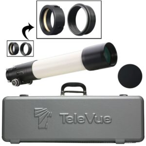 TeleVue Apochromatic Refractor AP 101/540 NP-101is Imaging System OTA white optical tube with black dew shield and focuser, pictured with transport case, dust cap, and detail of adapter rings