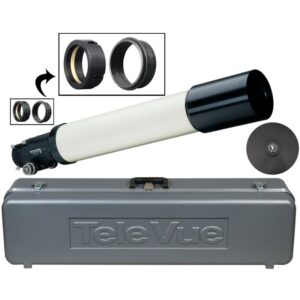 TeleVue Apochromatic Refractor AP 127/660 TVNP127is OTA complete OTA refractor telescope with 2.4 inch focuser, accessories, and TeleVue carrying case, including details of adapter rings
