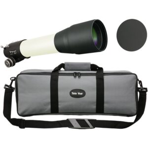 TeleVue Apochromatic Refractor AP 85/600 TV-85 OTA white APO refractor tube with black dew shield, lens cap, and padded carrying case with shoulder strap on a white background