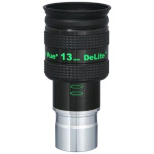 TeleVue DeLite eyepiece, 13mm, 1.25" product photo of the 1.25 inch DeLite 13mm eyepiece with green lettering and ribbed grip on a white background