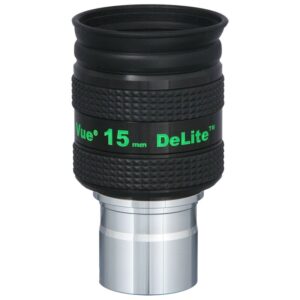 TeleVue DeLite eyepiece, 15mm, 1.25" product photo of the 1.25 inch DeLite 15mm eyepiece with green lettering and ribbed grip on a white background