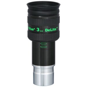 TeleVue DeLite eyepiece, 3mm, 1.25" product photo of the 1.25 inch DeLite 3mm eyepiece with green lettering and ribbed grip on a white background
