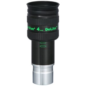 TeleVue DeLite eyepiece, 4mm, 1.25". Product photo of the 1.25-inch DeLite 4mm eyepiece with green lettering and ribbed grip on a white background.