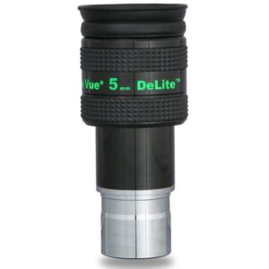 TeleVue DeLite eyepiece, 5mm, 1.25" product photo of the 1.25-inch DeLite 5mm eyepiece with green lettering and ribbed grip on a white background