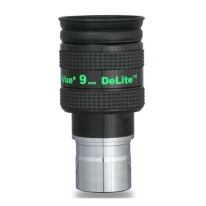 TeleVue DeLite eyepiece, 9mm, 1.25" product photo of the 1.25 inch DeLite 9mm eyepiece with green lettering and ribbed grip on a white background