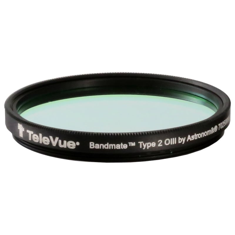 TeleVue Filters Filter OIII Bandmate Type 2 2" zwart 2 inch OIII-filter met groen gecoat glas en Bandmate Type 2 opdruk op witte achtergrond