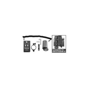 TeleVue Focusmotor, electric Focusmate motor-drive kit for NP127is with hand controller, coiled cable, motor unit, mounting ring, and hardware on white background