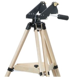 TeleVue Mount Panoramic Advanced AZ detail shot of the azimuthal mount head on an ash wood tripod with triangular accessory tray on a white background