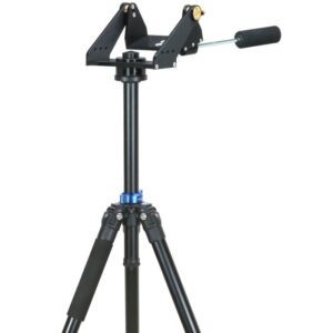 TeleVue Mount Tele-Pod Advanced close-up of the alt-azimuth mount head on a black anodized aluminum tripod with a blue accent ring on a white background