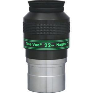 TeleVue Nagler eyepiece, Type 4, 22mm, 2" product photo of the 2 inch Nagler 22 mm eyepiece with knurled grip and green “22 mm Nagler” imprint on white background