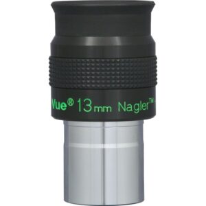 TeleVue Nagler eyepiece, type 6, 13mm, 1.25" close-up of the 1.25 inch eyepiece with a knurled grip and green “13 mm Nagler” imprint