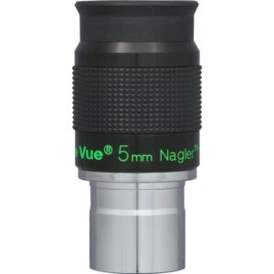 TeleVue Nagler eyepiece, type 6, 5mm, 1.25" close-up of the 1.25-inch Nagler 5mm eyepiece with ribbed grip and green Tele Vue lettering