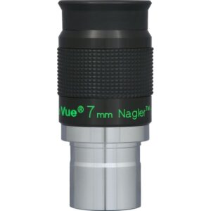 TeleVue Nagler eyepiece, type 6, 7mm, 1.25" Close-up of the 1.25 inch eyepiece with ribbed grip and green “7 mm Nagler” lettering