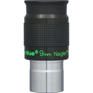 TeleVue Nagler eyepiece, type 6, 9mm, 1.25" close-up of the 1.25 inch eyepiece with knurled grip and green “9 mm Nagler” imprint