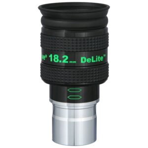 TeleVue DeLite 18.2mm 1.25" eyepiece close-up of the 1.25 inch DeLite 18.2mm eyepiece with green printing and ribbed grip