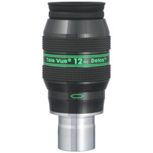 TeleVue Delos 12mm 1.25" eyepiece product photo of the 1.25 inch Delos 12mm eyepiece with a ribbed grip and green Delos imprint on a white background