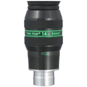 TeleVue Delos 14mm 1.25" Eyepiece product photo of the 1.25 inch Delos 14mm eyepiece with ribbed grip and green Delos branding on a white background