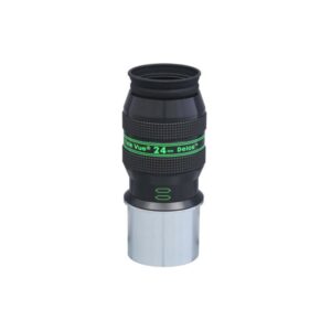 TeleVue Delos 24mm 72° 2" Eyepiece product photo of the 2-inch Delos 24mm eyepiece with a knurled grip and green Delos imprint on a white background