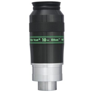 TeleVue Ethos 10mm Eyepiece 1.25"/2" product photo of the Ethos 10mm eyepiece with green inscription ring, knurled grip and silver-colored 2 inch skirt on a white background
