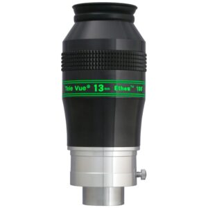TeleVue Ethos 13mm eyepiece product photo of the Ethos 13mm eyepiece with green lettering ring and silver 2-inch skirt on a white background