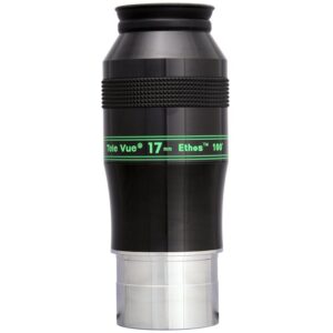 TeleVue Ethos 17mm 2" eyepiece close-up of the black Ethos 17mm eyepiece with green 100° imprint and ridged grip ring