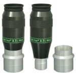TeleVue Oculair Ethos 3,7mm 1,25"/2" vergelijking met twee Ethos 3,7 mm oculairs naast een losse 2 inch skirt/verloopdeel op witte achtergrond