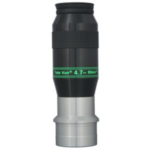 TeleVue Ethos 4.7mm 1.25"/2" eyepiece close-up of the Ethos 4.7mm eyepiece with green lettering ring, knurled grip, and silver 2-inch skirt on a white background