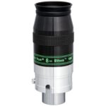 TeleVue Oculair Ethos 8mm 1,25"/2" productfoto van het Ethos 8 mm oculair met groene opschriftring, gekartelde grip en zilverkleurige 2 inch skirt op witte achtergrond