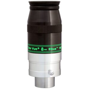 TeleVue Ethos 8mm 1.25"/2" eyepiece product photo of the Ethos 8mm eyepiece with a green inscription ring and silver 2-inch skirt on a white background