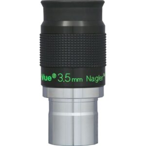 TeleVue Nagler Type 6 3.5mm 1.25" Eyepiece. Close-up of the 1.25 inch Nagler 3.5mm eyepiece with knurled grip and green Tele Vue imprint.