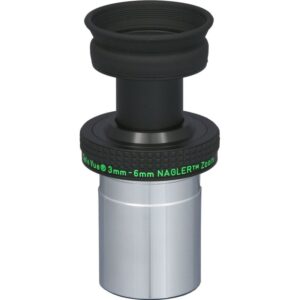 TeleVue Nagler Zoom 3-6mm 1.25" eyepiece close-up of the 1.25 inch zoom eyepiece with green “3mm-6mm Nagler Zoom” lettering and adjustment ring