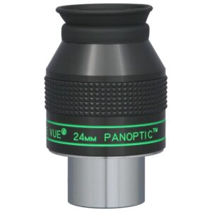 TeleVue Panoptic 24mm 1.25" eyepiece product photo of the 1.25 inch Panoptic 24mm eyepiece with knurled grip and green Panoptic imprint on a white background