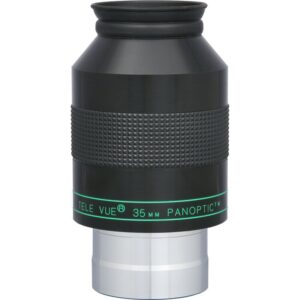 TeleVue Panoptic 35mm 2" eyepiece product photo of the 2-inch 35mm Panoptic eyepiece with ribbed grip and green Panoptic lettering on a white background