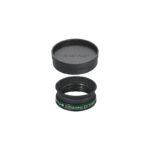 TeleVue Screw-on Eyeguard Extender, screw-on eyeguard extender made of black anodized aluminum with accompanying rubber eyeguard and eyepiece cap on a white background