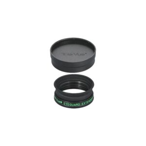 TeleVue Screw-on Eyeguard Extender, screw-on eyeguard extender made of black anodized aluminum with accompanying rubber eyeguard and eyepiece cap on a white background
