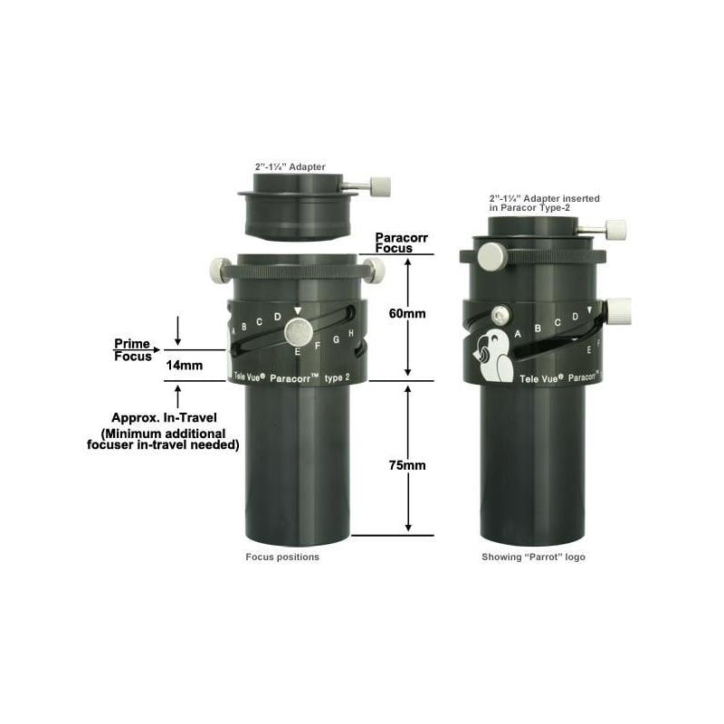 TeleVue Paracorr comacorrector maattekening met afmetingen en focusposities van twee Paracorr-configuraties.