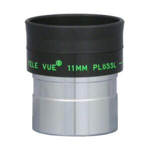 TeleVue Plössl Eyepiece, 11mm, 1.25" product photo of the 1.25 inch Plössl 11mm eyepiece with green Tele Vue imprint on black housing