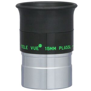 TeleVue Plössl eyepiece, 15mm, 1.25" close-up of the 1.25 inch Plössl 15mm eyepiece with green Tele Vue lettering on black housing