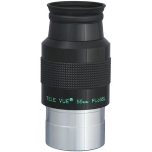 TeleVue Plössl Eyepiece, 55mm, 2" close-up of the 2 inch Plössl 55 mm eyepiece with knurled grip and green Tele Vue imprint