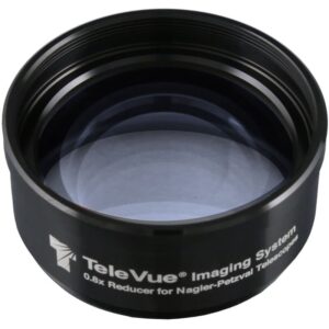 TeleVue Reducer 0.8x NPR close-up of the front lens and black housing of the TeleVue Imaging System 0.8x reducer for Nagler-Petzval telescopes