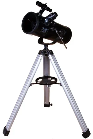 The Levenhuk Skyline BASE 120S front view shows the Newtonian reflector with a black optical tube mounted on an aluminum tripod with an accessory tray and finderscope.