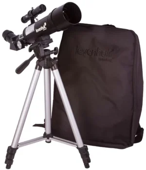 Levenhuk Skyline Travel 50 main setup with optical tube on tripod and included backpack