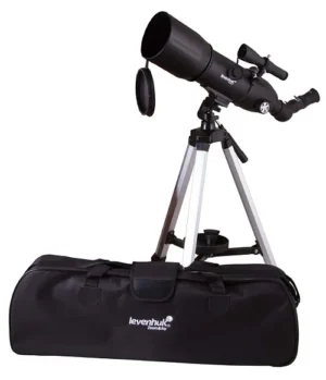 Levenhuk Skyline Travel 80 compact refractor telescope with tripod and carrying bag displayed on a white background