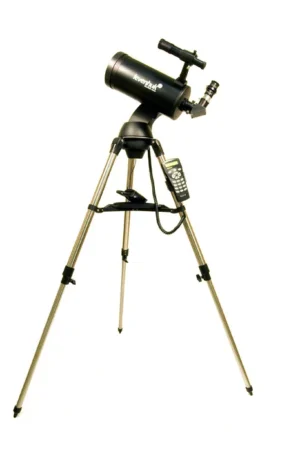 Levenhuk SkyMatic 127 GT MAK Maksutov-Cassegrain with tripod and GoTo mount fully assembled on a white background