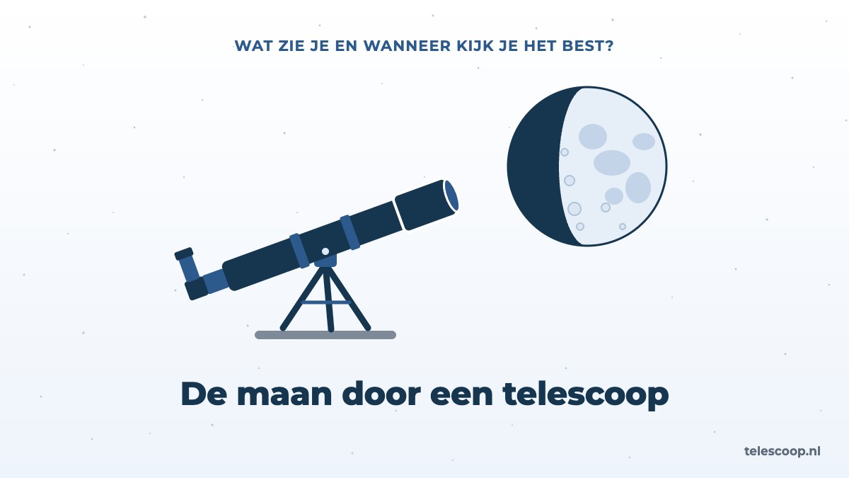 Illustratie van een refractor op een statief, gericht op een wassende maan