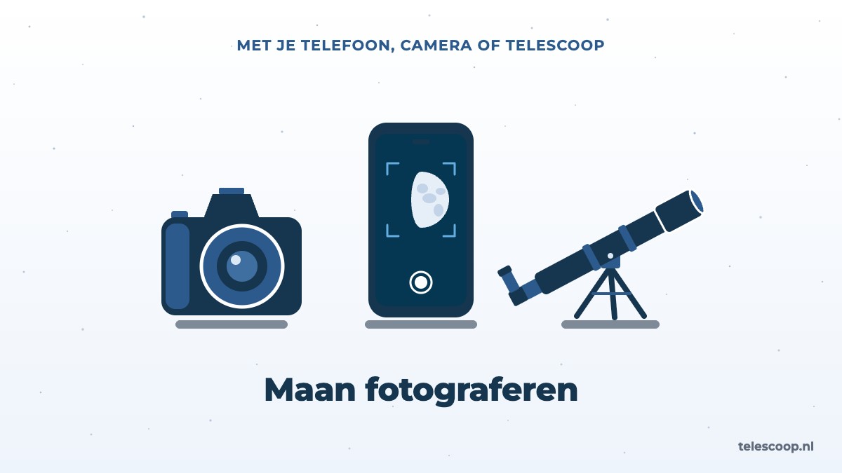 Illustratie van een camera, een smartphone met de maan op het scherm en een kleine telescoop